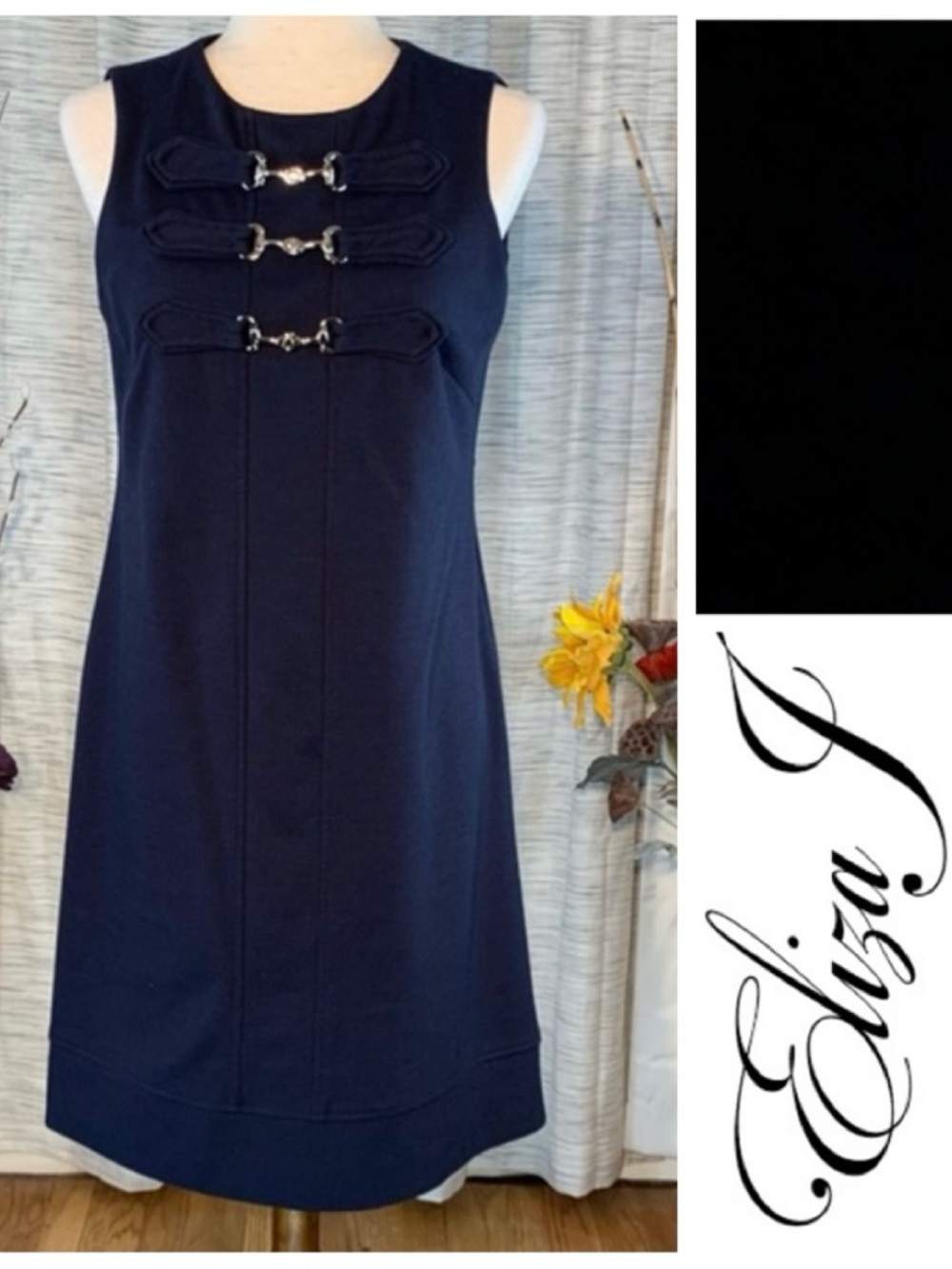 Eliza J New York dark navy blue sleeveless sheath dress.